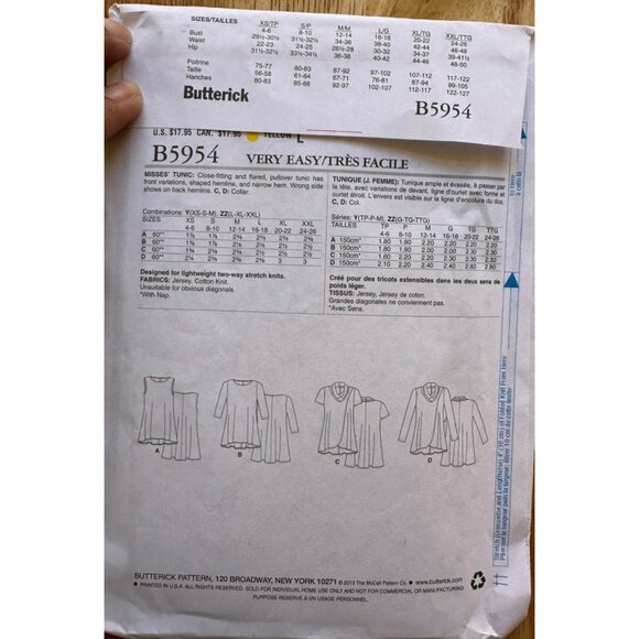 Butterick LRG - XXL Tunic Sewing Pattern Jersey and Cotton Knit New Uncut - Picture 4 of 4